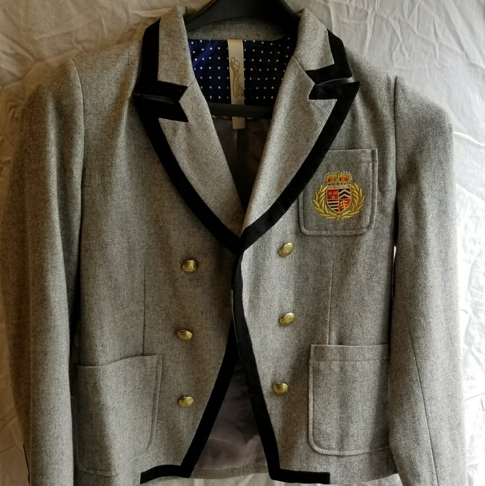 Gray gold button jacket black trim